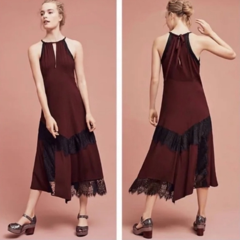 Anthropologie Janie Halter Dress‎ by Moulinette Soeurs Wine Lace Romantic Size 0